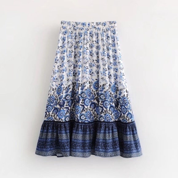 BLUE ruffle Boho gypsy floral print MAxi skirt - Picture 9 of 10